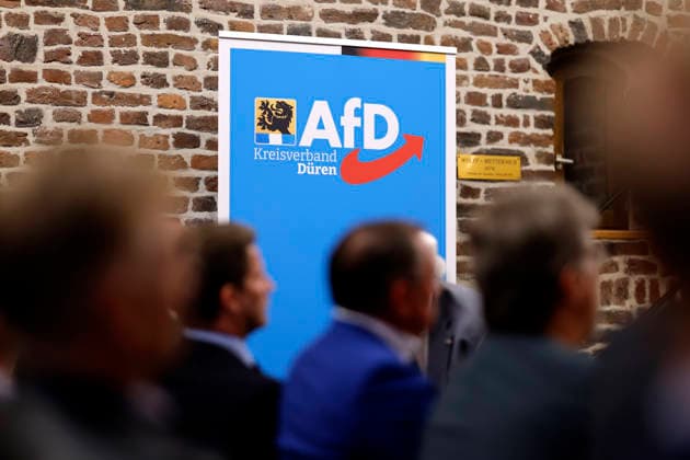 Ein Aufsteller der AfD zu sehen auf der Großveranstaltung Zukunft NRW- Zukunft AFD! des AFD-Kreisverband Düren auf Schloss Burgau. (Themenbild, Symbolbild) Düren, 03.06.2026 NRW Deutschland *** An AfD stand-up display at the major event Zukunft NRW Zukunft AFD organized by the AFD district association in Düren at Burgau Castle Themed image, symbolic image Düren, 03 06 2026 NRW Germany Copyright: xChristophxHardtx