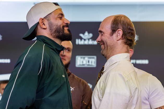 03.06.2026. Leverkusen. Ediz Tasci vs. Nathan Barnatt auf der Pressekonferenz im Vorfeld zum Fame Fighting, das große Promibox-Event von BILD und Eugen Lopez am 06.06.2026 in der Leverkusener Ostermann Arena. Zum ersten Mal in Kooperation mit dem britischen Pendant Misfits Boxing und dem internationalen Medienpartner The Sun. Leverkusen Ostermann Arena Nordrhein-Westfalen Deutschland *** 03 06 2026 Leverkusen Ediz Tasci vs Nathan Barnatt at the press conference in the run-up to Fame Fighting, the big celebrity boxing event by BILD and Eugen Lopez on 06 06 2026 in the Ostermann Arena in Leverkusen For the first time in cooperation with the British counterpart Misfits Boxing and the international media partner The Sun Leverkusen Ostermann Ar