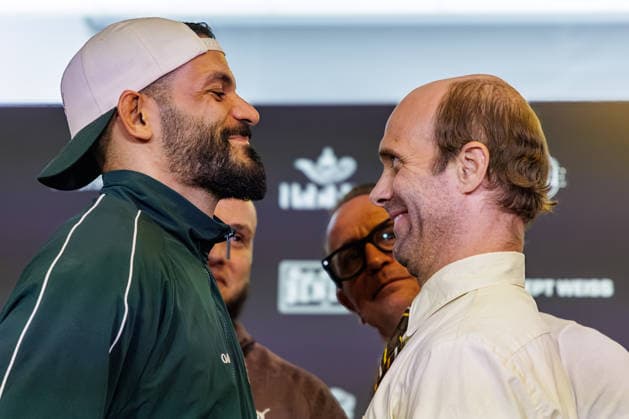 03.06.2026. Leverkusen. Ediz Tasci vs. Nathan Barnatt auf der Pressekonferenz im Vorfeld zum Fame Fighting, das große Promibox-Event von BILD und Eugen Lopez am 06.06.2026 in der Leverkusener Ostermann Arena. Zum ersten Mal in Kooperation mit dem britischen Pendant Misfits Boxing und dem internationalen Medienpartner The Sun. Leverkusen Ostermann Arena Nordrhein-Westfalen Deutschland *** 03 06 2026 Leverkusen Ediz Tasci vs Nathan Barnatt at the press conference in the run-up to Fame Fighting, the big celebrity boxing event by BILD and Eugen Lopez on 06 06 2026 in the Ostermann Arena in Leverkusen For the first time in cooperation with the British counterpart Misfits Boxing and the international media partner The Sun Leverkusen Ostermann Ar