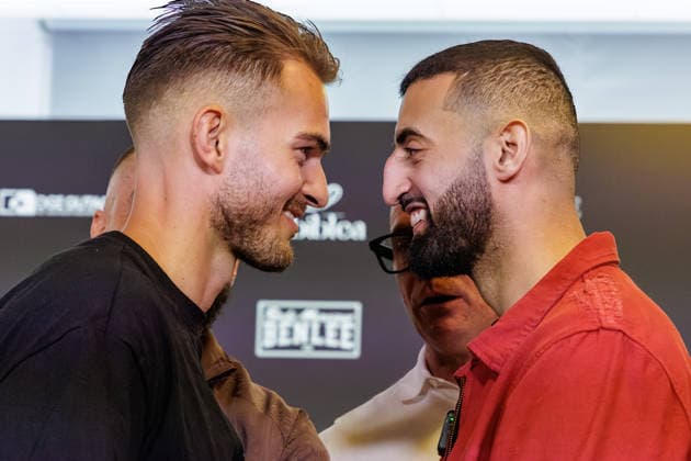 03.06.2026. Leverkusen. Can Kaplan vs. Slim Albaher auf der Pressekonferenz im Vorfeld zum Fame Fighting, das große Promibox-Event von BILD und Eugen Lopez am 06.06.2026 in der Leverkusener Ostermann Arena. Zum ersten Mal in Kooperation mit dem britischen Pendant Misfits Boxing und dem internationalen Medienpartner The Sun. Leverkusen Ostermann Arena Nordrhein-Westfalen Deutschland *** 03 06 2026 Leverkusen Can Kaplan vs Slim Albaher at the press conference in the run-up to Fame Fighting, the big celebrity boxing event by BILD and Eugen Lopez on 06 06 2026 in the Ostermann Arena in Leverkusen For the first time in cooperation with the British counterpart Misfits Boxing and the international media partner The Sun Leverkusen Ostermann Arena