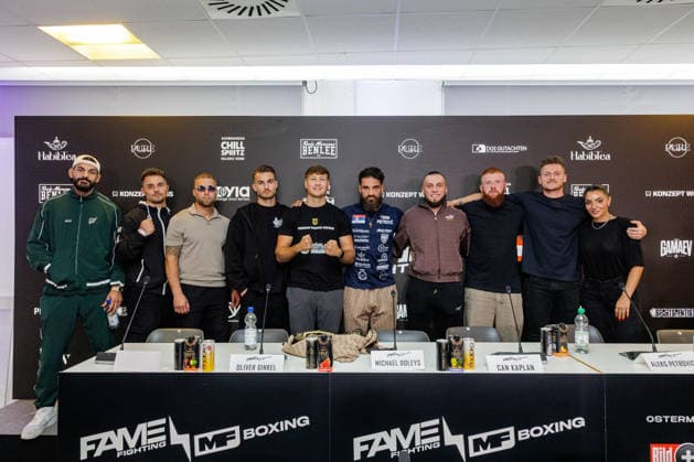 03.06.2026. Leverkusen. Die Deutschen Kämpfer auf der Pressekonferenz im Vorfeld zum Fame Fighting, das große Promibox-Event von BILD und Eugen Lopez am 06.06.2026 in der Leverkusener Ostermann Arena. Zum ersten Mal in Kooperation mit dem britischen Pendant Misfits Boxing und dem internationalen Medienpartner The Sun. Leverkusen Ostermann Arena Nordrhein-Westfalen Deutschland *** 03 06 2026 Leverkusen The German fighters at the press conference in the run-up to Fame Fighting, the big celebrity boxing event organized by BILD and Eugen Lopez on 06 06 2026 in the Ostermann Arena in Leverkusen For the first time in cooperation with the British counterpart Misfits Boxing and the international media partner The Sun Leverkusen Ostermann Arena No