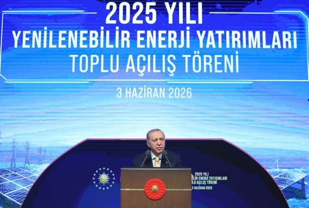 Turkish President Erdo?an speaks at renewable energy investments launch Turkish President Recep Tayyip Erdo?an delivers a speech during the collective inauguration ceremony of the 2025 renewable energy investments in Turkey on June 3, 2026. During his address, Erdo?an said that the primary objective of Türkiye’s renewable energy strategy is to achieve zero dependence on foreign sources and secure national energy needs in a sustainable manner.. Photo by Turkish presidency apaimages Istanbul Istanbul Turkey 030626_Turkey_TPO_00(3) Copyright: xapaimagesxTurkishxpresidencyx xapaimagesx