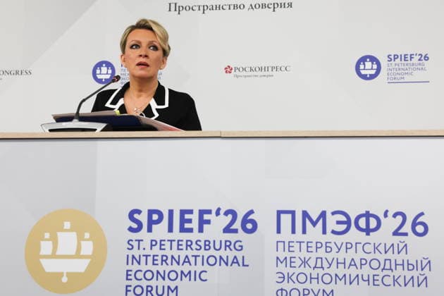 RUSSIA, ST PETERSBURG - JUNE 4, 2026: Russian Foreign Ministry Spokeswoman Maria Zakharova gives a briefing on Russia s current foreign policy at the 2026 St Petersburg International Economic Forum at the ExpoForum Convention and Exhibition Centre. Alexander Demianchuk TASS  93354589