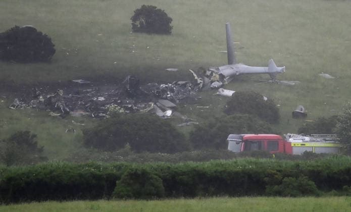 Royal Navy Helicopter Crash Devon 3rd June 2026. Three Royal Navy crew members died when their helicopter crashed into a field in Devon. They were taking part in a training exercise in the Royal Navy Merlin Mk4 when it crashed at Sourton Down, near Okehampton, Devon. Pictured: the crash site with Royal Navy personnel and emergency services in attendance.  Copyright: xWaynexperryx NINTCHDBPICT001085722911