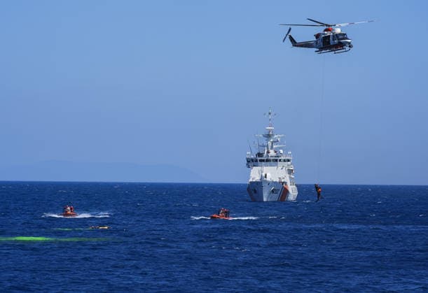 The first scenario of the Sea Lion-2026 Search and Rescue Invitation Exercise has been completed IZMIR, TURKIYE - JUNE 04: A rescue operation is carried out by air assets to save survivors from the sea during the first scenario of the operational phase of the Sea Lion (Deniz Aslani)-2026 Search and Rescue Invitation Exercise, conducted under the administration of the Turkish Coast Guard Command, in Izmir, Turkiye, on June 04, 2026. In the first scenario of the exercise, executed at two different points between the islands of Lesbos, Chios, Psara, Agios Efstratios, and Skyros within the Turkish Search and Rescue Region, a search and rescue operation was launched by the Turkish Coast Guard Command upon receiving a distress call from a commerc  Copyright: x2026xAnadoluxMehmetxEminxMenguarslanx