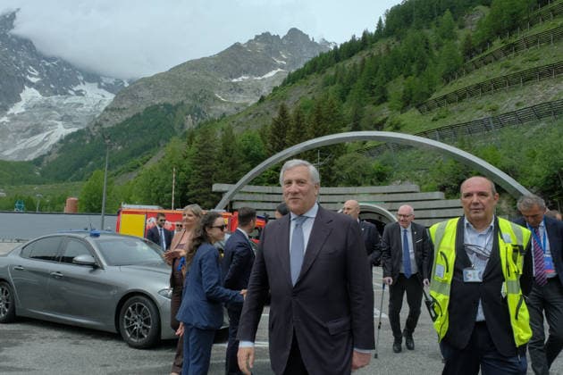 IPA85316392 - Autonomous Region Valle d Aosta Minister of Foreign Affairs and International Cooperation Antonio Tajani at the Mont Blanc Tunnel for a press pointwith Valled Aosta President Renzo Testolin and Piedmont Region President Alberto Cirio  Copyright: xCOSTANTINOxSERGIx xCostantinoxSergix 85316392