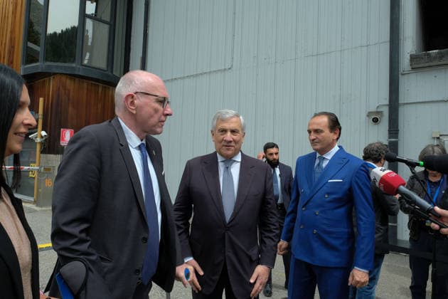IPA85316399 - Autonomous Region Valle d Aosta Minister of Foreign Affairs and International Cooperation Antonio Tajani at the Mont Blanc Tunnel for a press pointwith Valled Aosta President Renzo Testolin and Piedmont Region President Alberto Cirio  Copyright: xCOSTANTINOxSERGIx xCostantinoxSergix 85316399