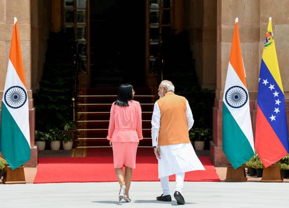 Prime Minister Narendra Modi meets Acting President of Bolivarian Republic of Venezuela Delcy Rodriguez New Delhi, Jun 04 (ANI): Prime Minister Narendra Modi meets Acting President of Bolivarian Republic of Venezuela Delcy Rodriguez, at Hyderabad House, in New Delhi on Thursday. New Delhi Delhi India Copyright: xANIx ANI_20260604023