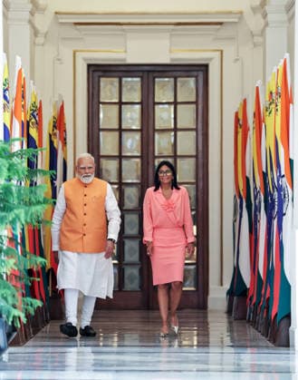 Prime Minister Narendra Modi shakes hand with Acting President of Bolivarian Republic of Venezuela Delcy Rodriguez New Delhi, Jun 04 (ANI): Prime Minister Narendra Modi meets Acting President of Bolivarian Republic of Venezuela Delcy Rodriguez, at Hyderabad House, in New Delhi on Thursday. (Narendra Modi Photo Gallery ANI Photo) NEW DELHI Delhi India Copyright: xANIx ANI_20260604086