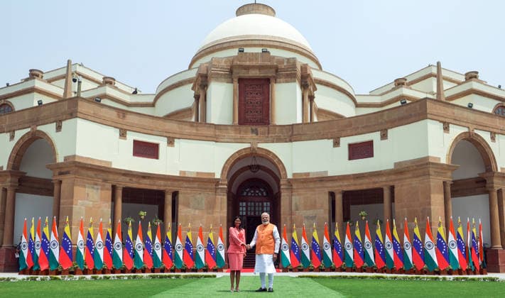 Prime Minister Narendra Modi shakes hand with Acting President of Bolivarian Republic of Venezuela Delcy Rodriguez New Delhi, Jun 04 (ANI): Prime Minister Narendra Modi shakes hand with Acting President of Bolivarian Republic of Venezuela Delcy Rodriguez, at Hyderabad House, in New Delhi on Thursday. (Narendra Modi Photo Gallery ANI Photo) NEW DELHI Delhi India Copyright: xANIx ANI_20260604087