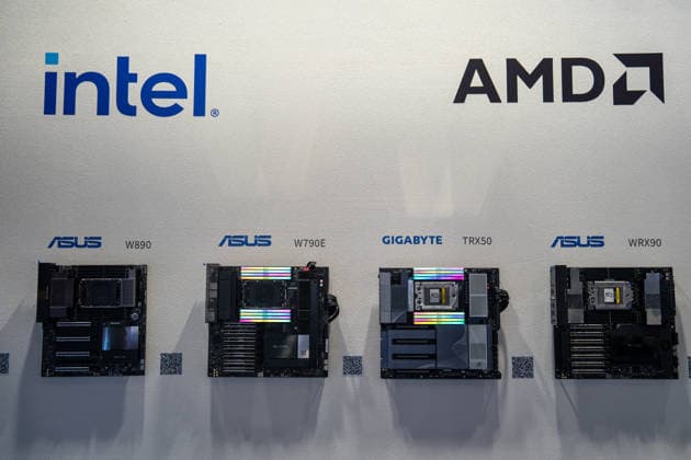 TAIWAN-COMPUTEX A general view showing Intel and AMD logo on top computer boards at Computex 2026 in Taipei, Taiwan, June 4, 2026. NEXPHER Vernon Yuen TAIPEI