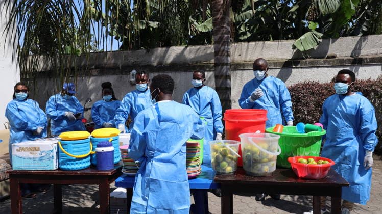 (260604) -- GOMA, June 4, 2026 () -- Staff members prepare meals for people under quarantine in Goma, the Democratic Republic of the Congo (DRC), on June 4, 2026. TO GO WITH Roundup: DR Congo s Ebola cases hit 363, as Uganda reports 4 recoveries () DR CONGO-GOMA-EBOLA OUTBREAK-WHO Xinhua 