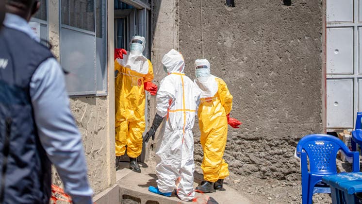 (260604) -- GOMA, June 4, 2026 () -- Medical workers clean up at an Ebola treatment center in Goma, the Democratic Republic of the Congo (DRC), on June 4, 2026. TO GO WITH Roundup: DR Congo s Ebola cases hit 363, as Uganda reports 4 recoveries () DR CONGO-GOMA-EBOLA OUTBREAK-WHO Xinhua 