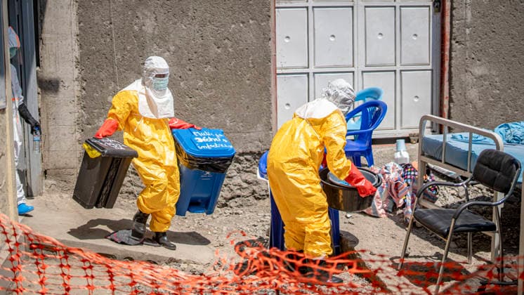 (260604) -- GOMA, June 4, 2026 () -- Medical workers clean up at an Ebola treatment center in Goma, the Democratic Republic of the Congo (DRC), on June 4, 2026. TO GO WITH Roundup: DR Congo s Ebola cases hit 363, as Uganda reports 4 recoveries () DR CONGO-GOMA-EBOLA OUTBREAK-WHO Xinhua 