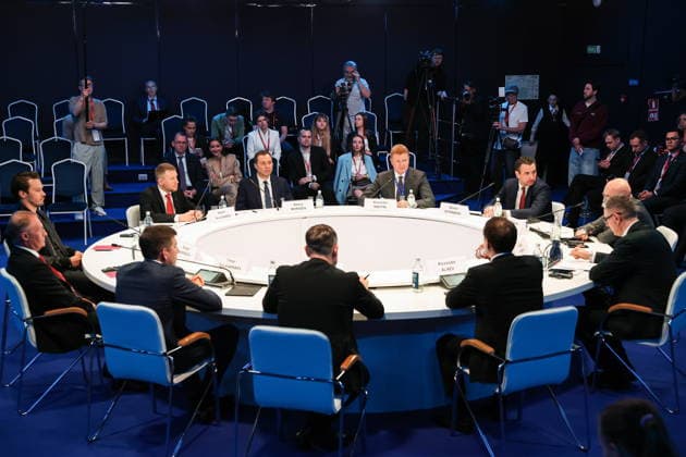 RUSSIA, ST PETERSBURG - JUNE 4, 2026: A round table discussion titled Sport, Business, Audiences: The New Economics of Partnership at the 2026 St Petersburg International Economic Forum at the ExpoForum Convention and Exhibition Centre. Donat Sorokin TASS  93363916