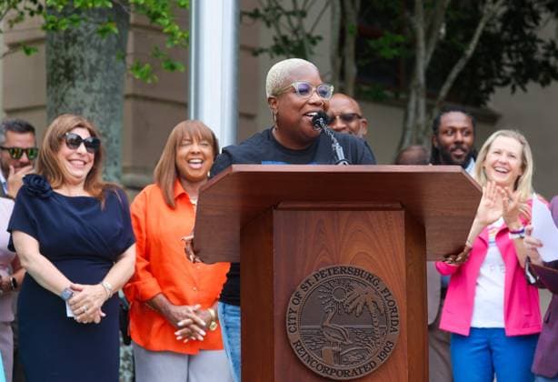 June 4, 2026, St. Petersburg, Florida, USA: State Rep. Michele Rayner, of St. Petersburg addresses the audience with city council members and local officials in the background during the St. Pete Pride Flag Raising event to kick off Pride month at St. Pete City Hall on Thursday, June 4, 2026 in St. Petersburg. St. Petersburg USA - ZUMAs70_ 20260604_zan_s70_007 Copyright: xDirkxShaddx