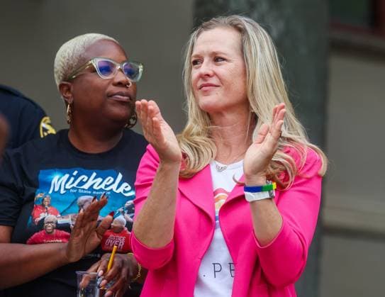 June 4, 2026, St. Petersburg, Florida, USA: Rep. Lindsay Cross, D-St. Petersburg, claps during the St. Pete Pride Flag Raising event to kick off Pride month at St. Pete City Hall on Thursday, June 4, 2026 in St. Petersburg. In background is State Rep. Michele Rayner, of St. Petersburg. Cross announced that she won t seek reelection this year. St. Petersburg USA - ZUMAs70_ 20260604_zan_s70_009 Copyright: xDirkxShaddx