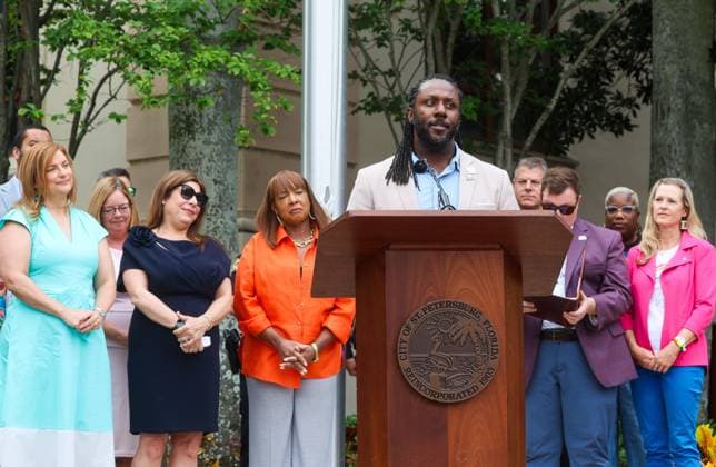 June 4, 2026, St. Petersburg, Florida, USA: St. Pete Pride President Byron Green-Calisch addresses the audience with city council members and local officials behind him during the St. Pete Pride Flag Raising event to kick off Pride month at St. Pete City Hall on Thursday, June 4, 2026 in St. Petersburg. St. Petersburg USA  - ZUMAs70_ 20260604_zan_s70_010 Copyright: xDirkxShaddx