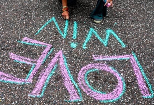 June 4, 2026, St. Petersburg, Florida, USA: Love Wins is painted in caulk on the street in front of City Hall for the St. Pete Pride Flag Raising event to kick off Pride month at St. Pete City Hall on Thursday, June 4, 2026 in St. Petersburg. St. Petersburg USA  - ZUMAs70_ 20260604_zan_s70_002 Copyright: xDirkxShaddx