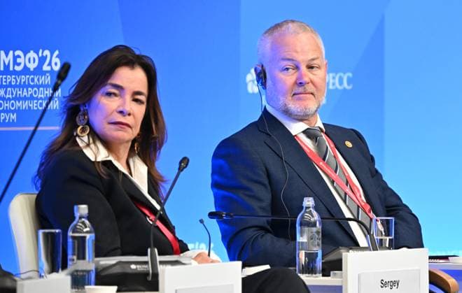 SPIEF-2026. Russia Latin America 9181325 04.06.2026 SPIEF-2026. Russia Latin America. Carmen Caballero, President, ProColombia; Sergey Machekhin, Deputy General Director for Project Engineering, Sustainable Development and International Cooperation, RusHydro Maksim Bogodvid Sputnik St. Petersburg Russia  Copyright: xMaksimxBogodvidx