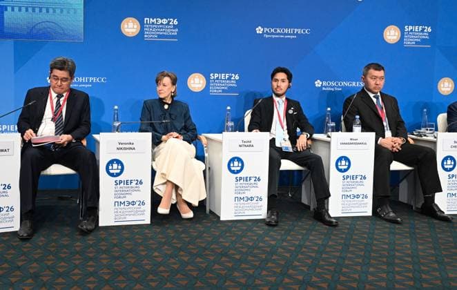 SPIEF-2026. Russia Thailand 9181333 04.06.2026 SPIEF-2026. Russia Thailand. Sasiwat Wongsinsawat, Ambassador Extraordinary and Plenipotentiary of the Kingdom of Thailand in the Russian Federation; Veronika Nikishina, General Director, Russian Export Center; Techit Nitnara, Chief Executive Officer, Win Telecom Co Ltd; Wisan Vanasakissakkul, Head of Committee, Thailand-Russia Business Council Ilya Pitalev Sputnik St. Petersburg Russia  Copyright: xIlyaxPitalevx
