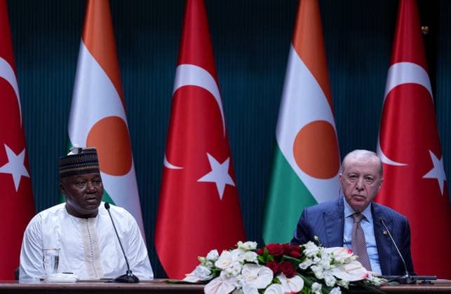 Turkiye and Niger sign joint agreements in Ankara ANKARA, TURKIYE - JUNE 04: Turkish President Recep Tayyip Erdogan (R) and Nigerien President Abdourahamane Tchiani (L) hold a press meeting after their one-on-one and interdelegation meetings at the Presidential Complex in Ankara, Turkiye on June 04, 2026. Ercin Erturk Anadolu Ankara Turkey. Editorial use only. Please get in touch for any other usage.  Copyright: x2026xAnadoluxErcinxErturkx