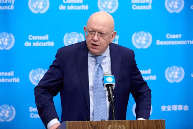 June 4, 2026, New York, New York, USA: June 4, 2026, New York, New York, USA: Russian Ambassador to the United Nations Vassily Nebenzia speaks to reporters during a Security Council stakeout at U.N. Headquarters in New York. New York USA - ZUMAs237 20260604_aap_s237_002 Copyright: xMarkxJ.xSullivanx