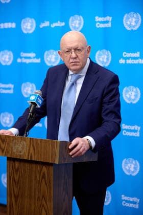 June 4, 2026, New York, New York, USA: June 4, 2026, New York, New York, USA: Russian Ambassador to the United Nations Vassily Nebenzia speaks to reporters during a Security Council stakeout at U.N. Headquarters in New York. New York USA - ZUMAs237 20260604_aap_s237_001 Copyright: xMarkxJ.xSullivanx
