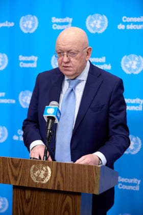 June 4, 2026, New York, New York, USA: June 4, 2026, New York, New York, USA: Russian Ambassador to the United Nations Vassily Nebenzia speaks to reporters during a Security Council stakeout at U.N. Headquarters in New York. New York USA - ZUMAs237 20260604_aap_s237_006 Copyright: xMarkxJ.xSullivanx