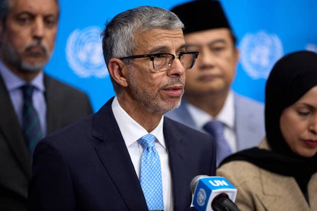 June 4, 2026, New York, New York, USA: Abdulaziz M. Alwasil, Permanent Representative of Saudi Arabia to the United Nations, speaks to reporters on behalf of the Arab Group alongside Riyad Mansour, Permanent Observer of the State of Palestine to the United Nations, and representatives of the Organisation of Islamic Cooperation during a Security Council stakeout at U.N. headquarters. New York USA - ZUMAs237 20260604_aap_s237_031 Copyright: xMarkxJ.xSullivanx
