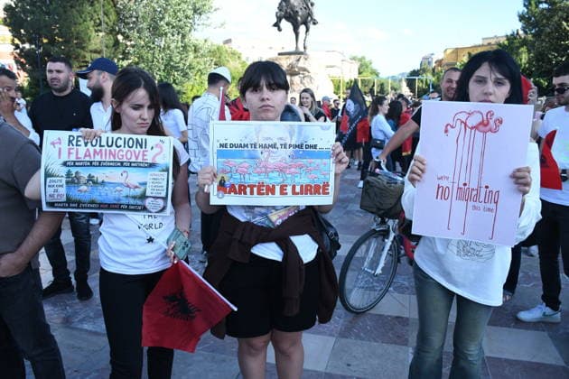 Protests against tourism project continue in Albania TIRANA, ALBANIA - JUNE 4: Demonstrators carrying banners and placards gather on the Boulevard of the Martyrs of the Nation to protest the planned sale of a beach in the Zvernec area of Vlora as part of a tourism development project, in Tirana, Albania on June 4, 2026. Olsi Shehu Anadolu Tirana Albania. Editorial use only. Please get in touch for any other usage.  Copyright: x2026xAnadoluxOlsixShehux