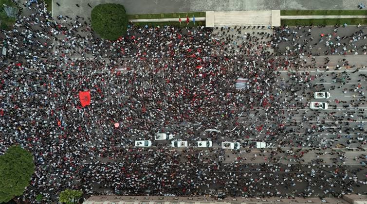 Protests against tourism project continue in Albania TIRANA, ALBANIA - JUNE 4: An aerial view of thousands of demonstrators carrying banners and placards gather on the Boulevard of the Martyrs of the Nation to protest the planned sale of a beach in the Zvernec area of Vlora as part of a tourism development project, in Tirana, Albania on June 4, 2026. Olsi Shehu Anadolu Tirana Albania. Editorial use only. Please get in touch for any other usage.  Copyright: x2026xAnadoluxOlsixShehux