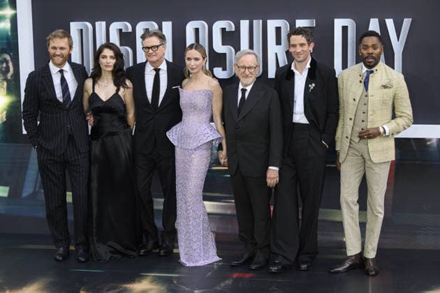 Celebrities attend the Disclosure Day film premiere at Leicester Square, London Featuring: (L-R) Wyatt Russell, Eve Hewson, Colin Firth, Emily Blunt, Director Steven Spielberg, Josh O Connor, Kristie Macosko Krieger and Colman Domingo Where: London, United Kingdom When: 04 Jun 2026 Credit: Cover Images **NOT AVAILABLE FOR HELLO MAGAZINE** EDITORIAL USE ONLY. NOT FOR USE BY NEWSPAPERS BASED IN THE UK. Copyright: xx coverimg55749030