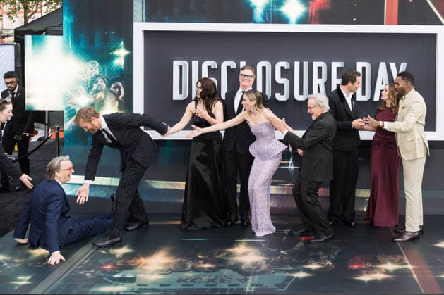 Disclosure Day UK Premiere in London LONDON, UNITED KINGDOM - JUNE 04: David Koepp is helped up by Wyatt Russell after slipping on the floor, while Eve Hewson, Colin Firth, Emily Blunt and Steven Spielberg react, Josh O’Connor, Kristie Macosko Krieger and Colman Domingo chat as they attend the UK premiere of Disclosure Day at Cineworld Leicester Square in London, United Kingdom on June 04, 2026. Wiktor Szymanowicz Anadolu London United Kingdom. Editorial use only. Please get in touch for any other usage.  Copyright: x2026xAnadoluxWiktorxSzymanowiczx