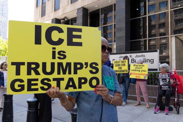 June 4, 2026, New York, New York, USA: Demonstrators join Rise and Resist s weekly vigil for those impacted by the Trump administration s immigrant detention and mass deportation policies outside the immigration courts, Department of Homeland Security and U.S. Immigration and Customs Enforcement offices at 26 Federal Plaza in Lower Manhattan. Participants hold signs that read ICE is TRUMP S GESTAPO. Protesters denounce the newest Justice Department policies of moving up the dates of immigrants hearings and scheduling mega masters, calendar hearings including 100 or more people at a time. New York USA - ZUMAr174 20260604_znp_r174_009 Copyright: xGinaxMxRandazzox