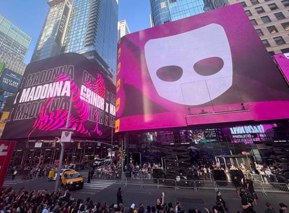 June 4, 2026, New York, New York, USA: Signage by Grindr and Madonna for her surprise pop up concert, partnered with the app Grindr, in Time Square to promote her new album Confessions ll also called Confessions on the Dance Floor - Part ll. New York USA - ZUMAk03_ 20260604_zaf_k03_042 Copyright: xNancyxKaszermanx