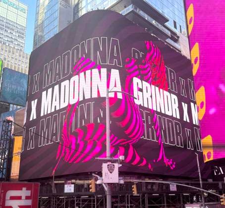 June 4, 2026, New York, New York, USA: Signage by Grindr and Madonna for her surprise pop up concert, partnered with the app Grindr, in Time Square to promote her new album Confessions ll also called Confessions on the Dance Floor - Part ll. New York USA - ZUMAk03_ 20260604_zaf_k03_047 Copyright: xNancyxKaszermanx