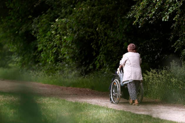 Eine ältere Dame schiebt einen Rollstuhl mit einer weiteren rüstigen Dame durch einen Park. (Themenbild, Symbolbild) Köln, 02.06.2026 NRW Deutschland *** An elderly lady pushes a wheelchair with another sprightly lady through a park Themed image, symbolic image Cologne, 02 06 2026 NRW Germany Copyright: xChristophxHardtx