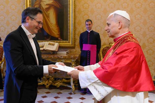 ITALY - POPE LEO XIV RECEIVES THE CREDENTIALIS OF HIS EXCELLENCY MR CHARLES PERSONNAZ IN THE VATICAN - 2026 6 5 Italy, Rome, Vatican, 2026 6 5 Pope Leo XIV receives the credentials of His Excellency Mr. Charles Personnaz, Ambassador of France in the Vatican EDITORIAL USE ONLY - NO BOOKS Copyright: xVATICANxMEDIAx