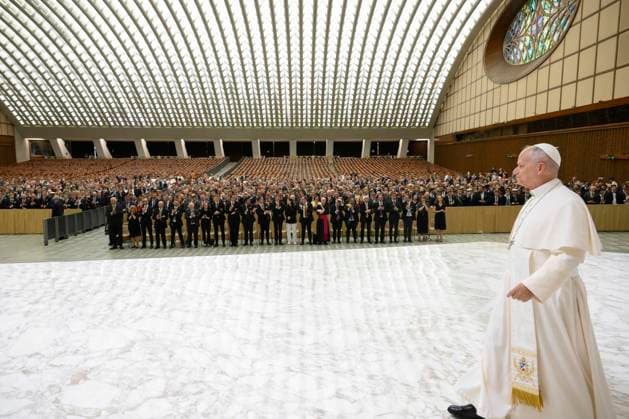 ITALY - POPE LEO XIV DURING AUDIENCE WITH GERMAN CATHOLIC STUDENT ASSOCIATIONS AT THE PAUL VI HALL IN THE VATICAN - 2026 6 5 Italy, Rome, Vatican, 2026 6 5 Pope Leo XIV during an audience with German Catholic Student Associations at the Paul VI Hall in the Vatican EDITORIAL USE ONLY - NO BOOKS Copyright: xVATICANxMEDIAx