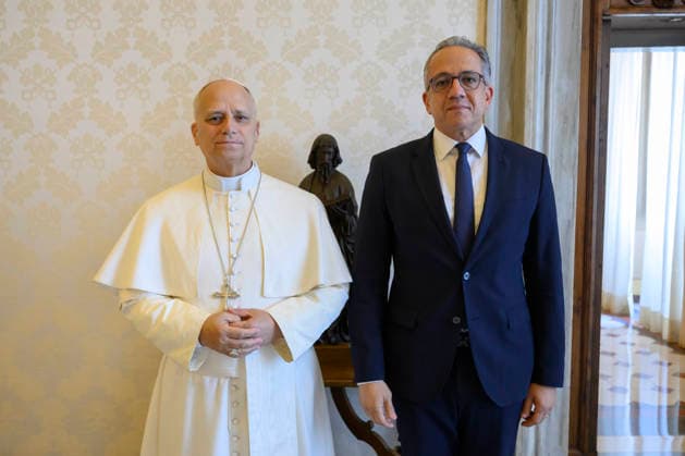 ITALY - POPE LEO XIV RECEIVES IN PRIVATE AUDIENCE HIS EXCELLENCY MR KHALED EL-ENANY IN THE VATICAN - 2026 6 5 Italy, Rome, Vatican, 2026 6 5 Pope Leo XIV receives in a private audience His Excellency Mr. Khaled El-Enany, Director-General of the United Nations Educational, Scientific and Cultural Organization in the Vatican EDITORIAL USE ONLY - NO BOOKS Copyright: xVATICANxMEDIAx