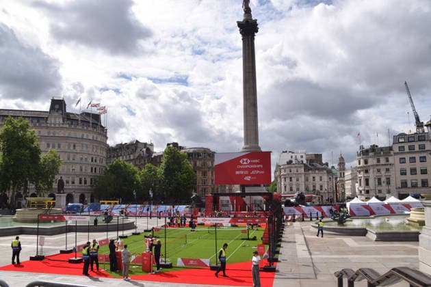 June 5, 2026, London, England, United Kingdom: An HSBC Championship tennis court has been unveiled in Trafalgar Square ahead of the tournament at The QueenÃ¢â‚¬â ¢s Club. London United Kingdom  - ZUMAv130 20260605_zip_v130_033 Copyright: xVukxValcicx