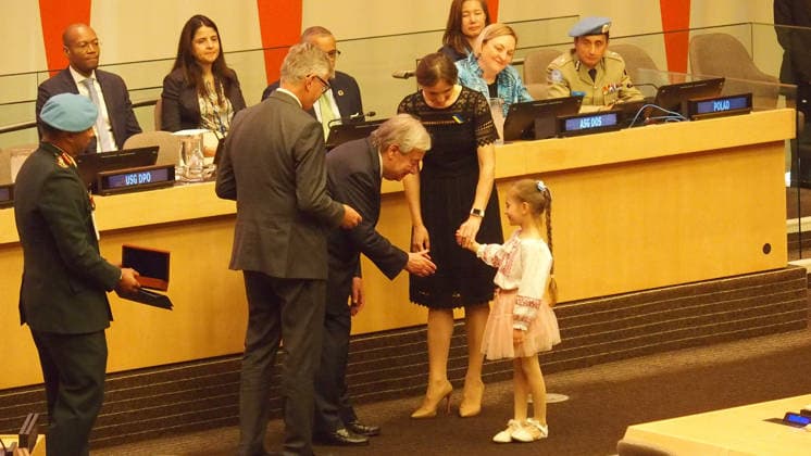 June 5, 2026, Manhattan, New York, USA: New York New York June 5,.2026... Ceremonies to present awards Ã The Dag HammarskjÅ¡ld Medal, Captain Mbaye Diagne Medal for Exceptional Courage, UN Woman Police Officer of the Year and UN Military Gender Advocate of the Year.(on the occasion of International Day of United Nations Peacekeepers).Family of Sergii Prykhodko receiving his award for exceptional courage Manhattan USA - ZUMAct2_ 20260605_faf_ct2_036 Copyright: xBrucexCotlerx