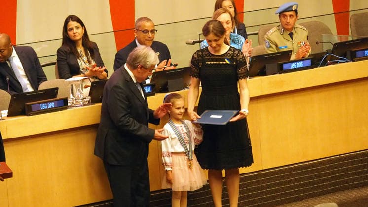 June 5, 2026, Manhattan, New York, USA: New York New York June 5,.2026... Ceremonies to present awards Ã The Dag HammarskjÅ¡ld Medal, Captain Mbaye Diagne Medal for Exceptional Courage, UN Woman Police Officer of the Year and UN Military Gender Advocate of the Year.(on the occasion of International Day of United Nations Peacekeepers).Family of Sergii Prykhodko receiving his award for exceptional courage Manhattan USA  - ZUMAct2_ 20260605_faf_ct2_028 Copyright: xBrucexCotlerx