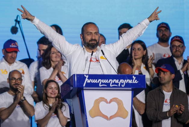 ARMENIA, YEREVAN - JUNE 5, 2026: Armenia s Foreign Minister Ararat Mirzoyan addresses a rally held by supporters of the Civil Contract Party on Republic Square Yerevan Armenia  - ZUMAt113 20260605_zaa_t113_883 Copyright: xAlexanderxPatrinx