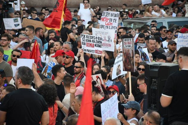 Protest against tourism project in Albania drawing thousands of participants TIRANA, ALBANIA - JUNE 5: Thousands gather at the historic Skanderbeg Square in Tirana, Albania on June 5, 2026, to protest against a controversial luxury tourism development project planned for the ecologically sensitive Zvernec area in the coastal city of Vlora. The massive rally marks an escalation in public outcry over allegations that prime, state-owned coastal lands are being sold off to high-profile foreign investors linked to Jared Kushner and Ivanka Trump, the son-in-law and daughter of US President Donald Trump. Olsi Shehu Anadolu Tirana Albania. Editorial use only. Please get in touch for any other usage.  Copyright: x2026xAnadoluxOlsixShehux