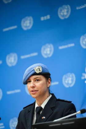 June 5, 2026, New York, New York, USA: STEPHANIE KONIGS of Germany briefs the press after receiving the 2025 UN Woman Police Officer of the Year Award, speaking about her peacekeeping work and the dangers faced by UN peacekeepers, during the International Day of UN Peacekeepers at UNHQ. New York USA - ZUMAo116 20260605_znp_o116_015 Copyright: xBiancaxOterox