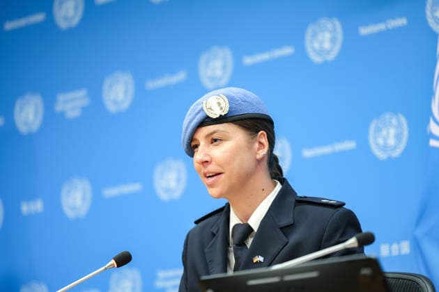 June 5, 2026, New York, New York, USA: STEPHANIE KONIGS of Germany briefs the press after receiving the 2025 UN Woman Police Officer of the Year Award, speaking about her peacekeeping work and the dangers faced by UN peacekeepers, during the International Day of UN Peacekeepers at UNHQ. New York USA - ZUMAo116 20260605_znp_o116_019 Copyright: xBiancaxOterox