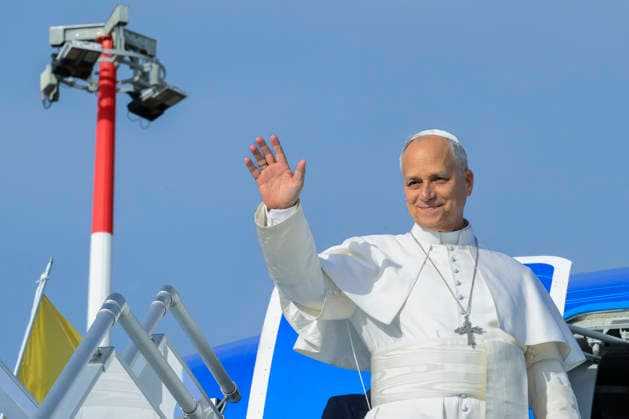ITALY - POPE LEO XIV ARRIVES AT ROME S LEONARDO DA VINCI INTERNATIONAL AIRPORT IN FIUMICINO - 2026 6 6 Italy, Rome, Vatican, 2026 6 6 Pope Leo XIV arrives at Rome s Leonardo da Vinci International Airport in Fiumicino, some 30 kilometers (18.6 miles) west of Rome, Saturday, to leave for his seven-day pastoral visit to mainland Spain and Canary Islands. EDITORIAL USE ONLY - NO BOOKS Copyright: xVATICANxMEDIA CPPx