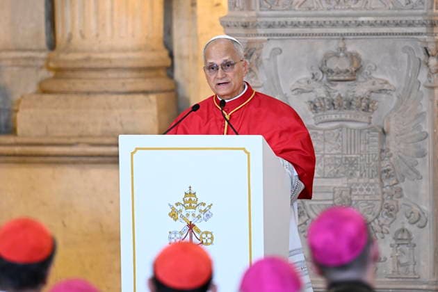 The Royal House receives Pope Leo XIV at the Royal Palace in Madrid Pope Leo XIV delivers a speech during his welcoming ceremony at the Royal Palace, June 6, 2026, in Madrid Spain The reception brings together the highest authorities of the State and the Catholic Church in Spain and marks the official beginning of the pontiffs agenda in the country 06 JUNE 2026 PAPAL VISIT Madrid Madrid Madrid Spain  Copyright: xAlbertoxOrtegax 7575952